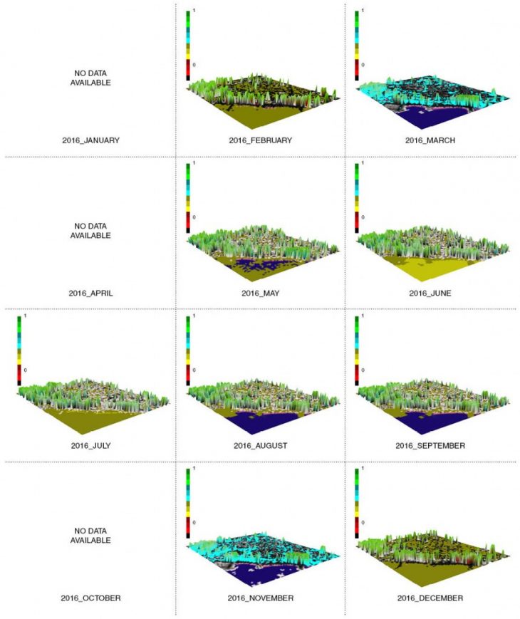 The NDVI maps showing the cholorophyll content of the Superblock and its surrounding area during 2016.