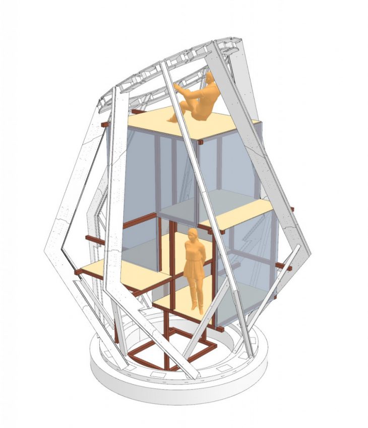 Scaffolding interiors to hold seven exterior ribs. 