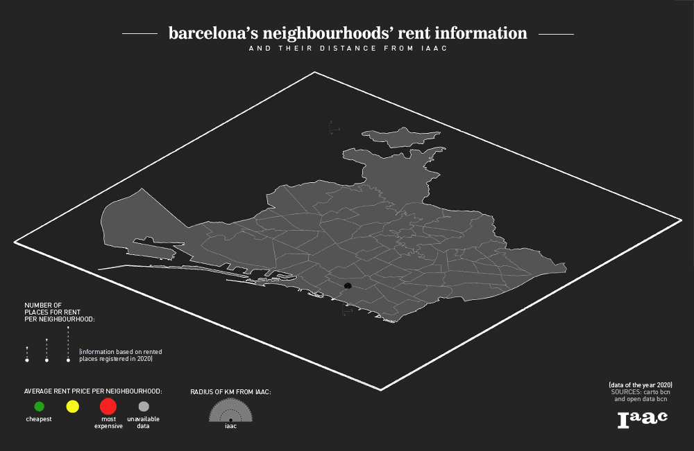 Video animation of isometric map - Barcelona's neighbourhoods rent information and their distance from IAAC