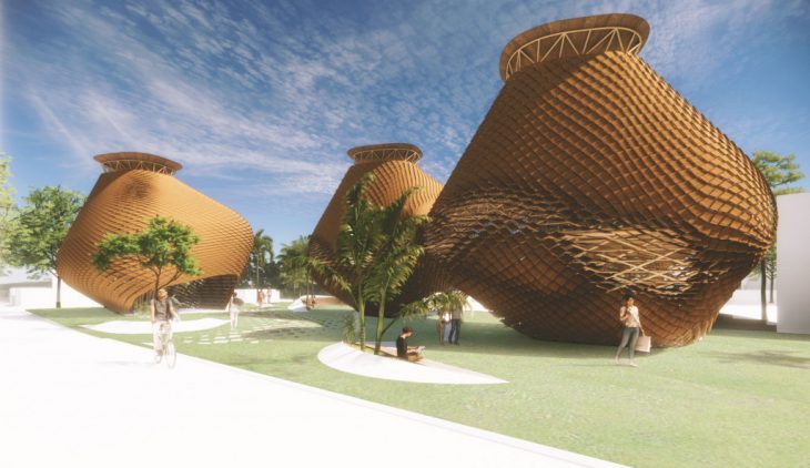 Research center, Street view render, public space, bamboo construction, bamboo