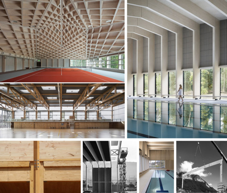 FIG.1. Collage of mass timber sports centers, that are used as cases studies for the current paper